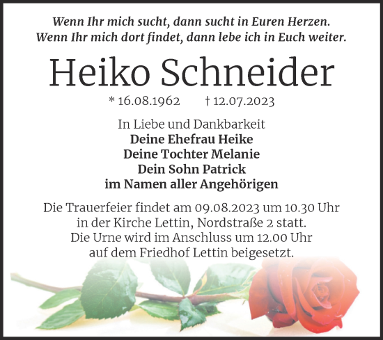 Traueranzeige von Heiko Schneider von Mitteldeutsche Zeitung Halle/Saalkreis