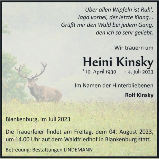 Traueranzeige von Heini Kinsky von Volksstimme Halberstadt