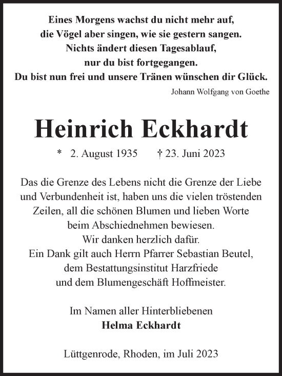 Traueranzeige von Heinrich Eckhardt von Volksstimme Halberstadt