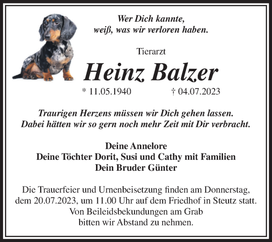 Traueranzeige von Heinz Balzer von Volksstimme Zerbst