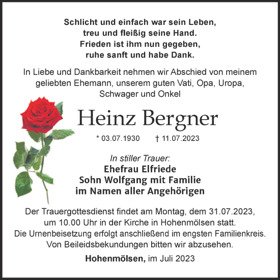 Traueranzeige von Heinz Bergner von Trauerkombi Weißenfels