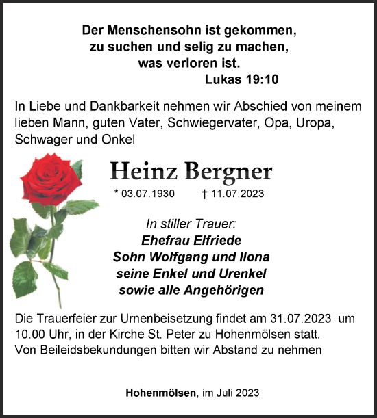 Traueranzeige von Heinz Bergner von Trauerkombi Weißenfels
