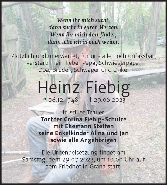 Traueranzeige von Heinz Fiebig von Trauerkombi Zeitz