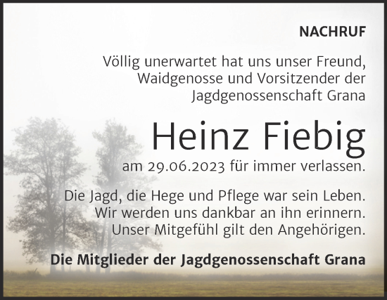 Traueranzeige von Heinz Fiebig von Trauerkombi Zeitz