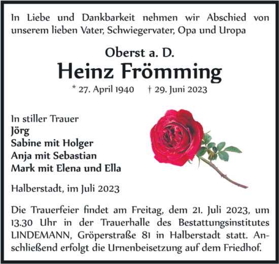 Traueranzeige von Heinz Frömming von Volksstimme Halberstadt