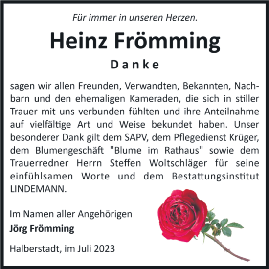 Traueranzeige von Heinz Frömming von Volksstimme Halberstadt