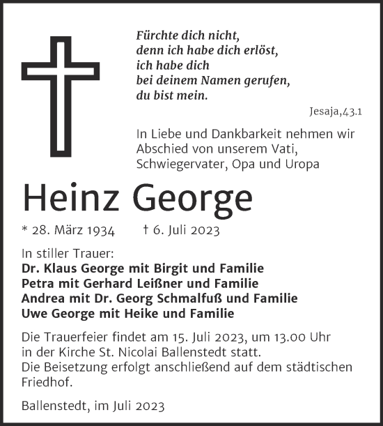 Traueranzeige von Heinz George von Trauerkombi Quedlinburg