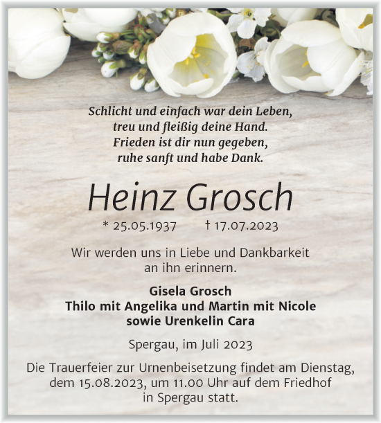 Traueranzeige von Heinz Grosch von Trauerkombi Merseburg