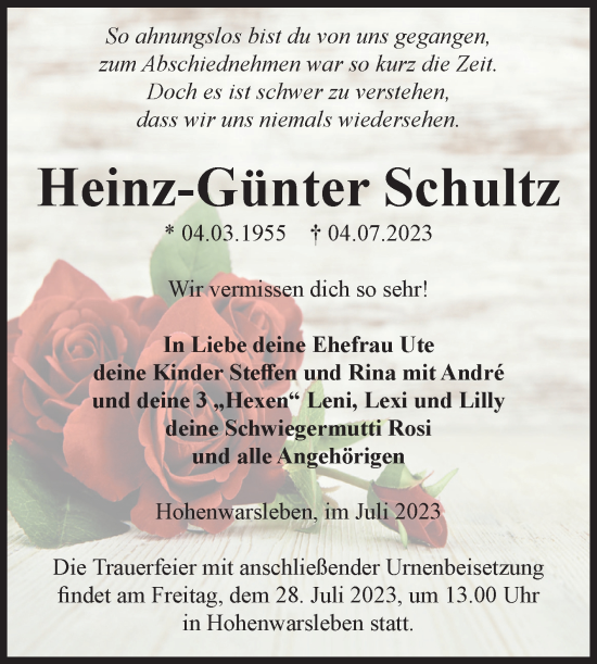 Traueranzeige von Heinz-Günter Schultz von Volksstimme Haldensleben/Wolmirstedt