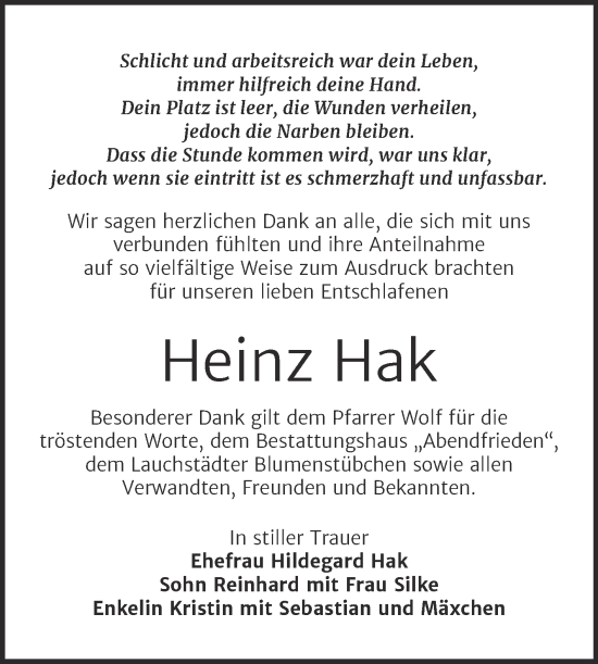 Traueranzeige von Heinz Hak von Trauerkombi Merseburg