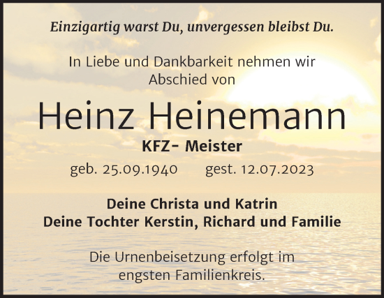 Traueranzeige von Heinz Heinemann von Trauerkombi Bitterfeld