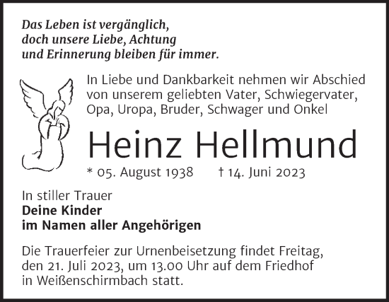 Traueranzeige von Heinz Hellmund von Trauerkombi Merseburg