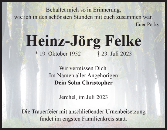 Traueranzeige von Heinz-Jörg Felke von Volksstimme Altmark Ost