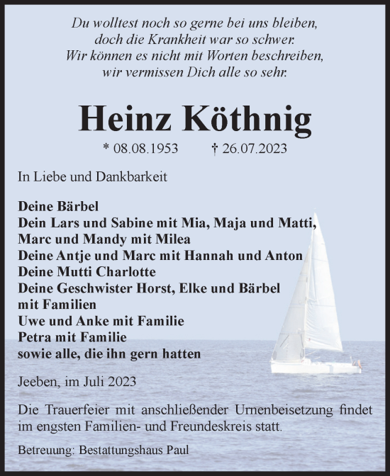 Traueranzeige von Heinz Köthnig von Volksstimme Altmark West