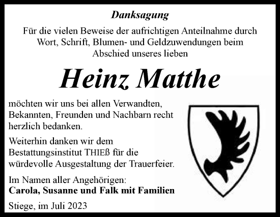 Traueranzeige von Heinz Matthe von Volksstimme Wernigerode