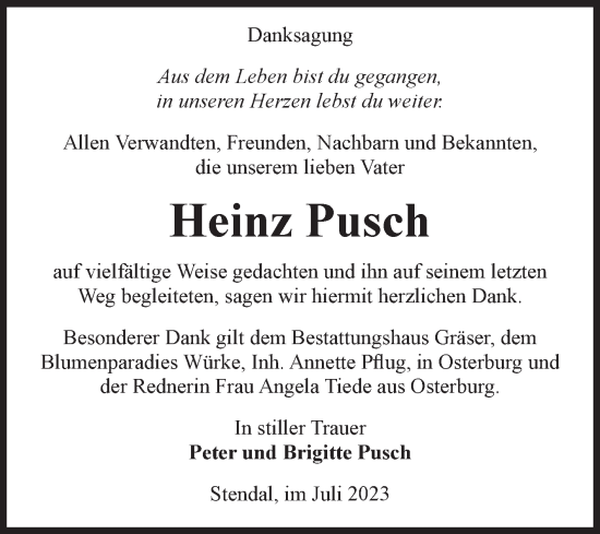Traueranzeige von Heinz Pusch von Volksstimme Altmark Ost