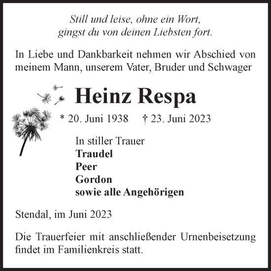 Traueranzeige von Heinz Respa von Volksstimme Altmark Ost