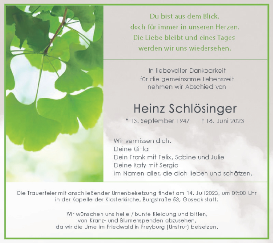 Traueranzeige von Heinz Schlösinger von Mitteldeutsche Zeitung Halle/Saalkreis