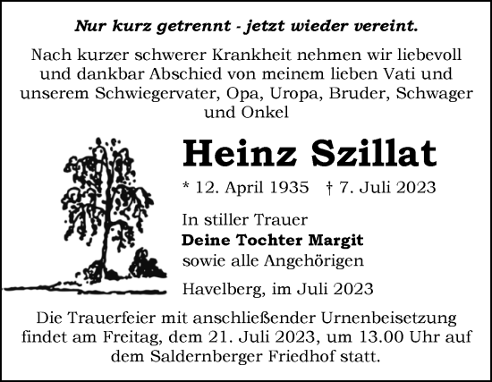 Traueranzeige von Heinz Szillat von Volksstimme Altmark Ost