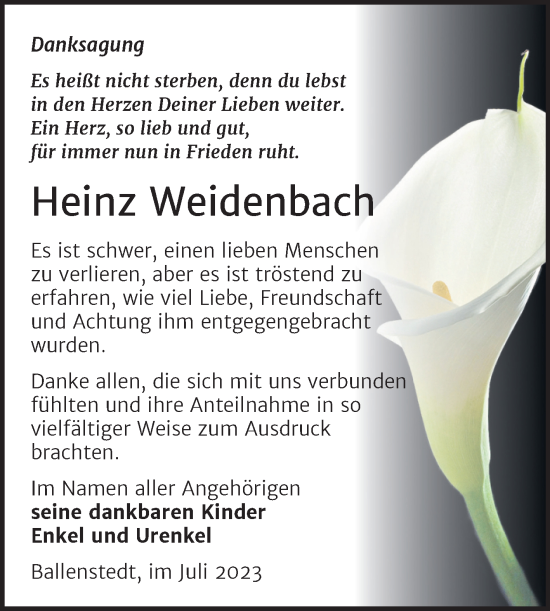 Traueranzeige von Heinz Weidenbach von Trauerkombi Quedlinburg
