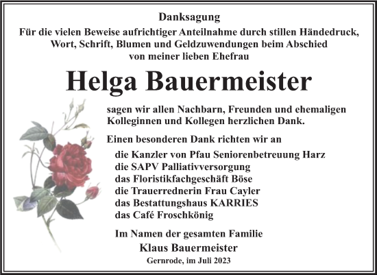 Traueranzeige von Helga Bauermeister von Trauerkombi Quedlinburg