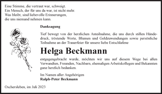 Traueranzeige von Helga Beckmann von Volksstimme Oschersleben/Wanzleben