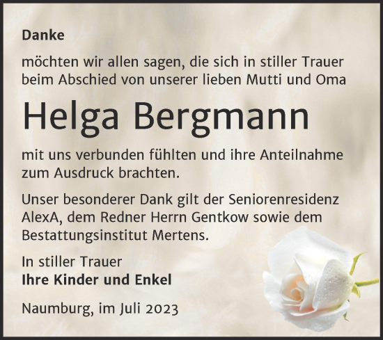 Traueranzeige von Helga Bergmann von Wochenspiegel Naumburg/Nebra