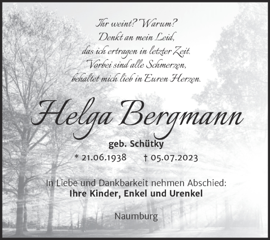 Traueranzeige von Helga Bergmann von Wochenspiegel Naumburg/Nebra