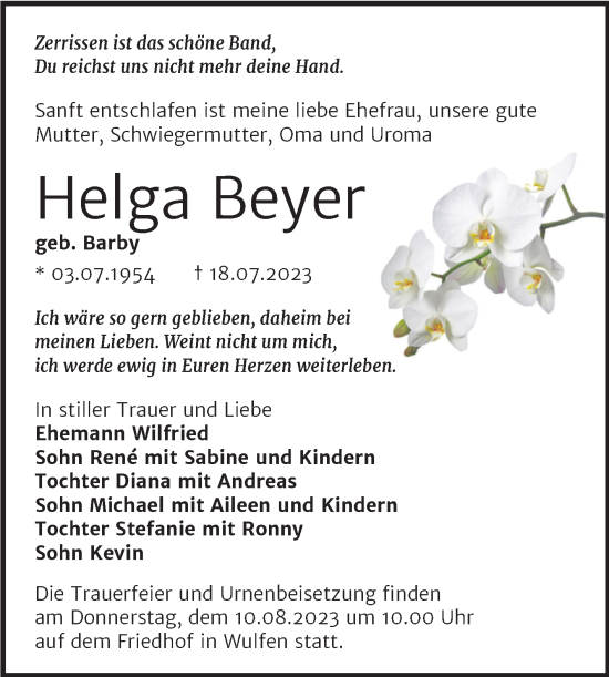Traueranzeige von Helga Beyer von Trauerkombi Köthen