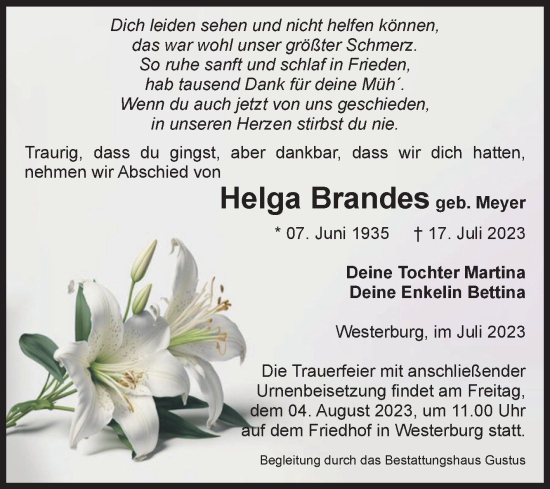 Traueranzeige von Helga Brandes von Volksstimme Halberstadt