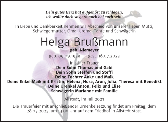 Traueranzeige von Helga Brußmann von Trauerkombi Sangerhausen