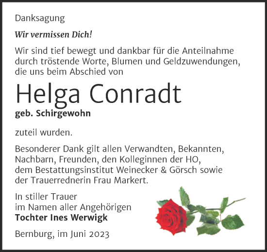 Traueranzeige von Helga Conradt von Trauerkombi Bernburg
