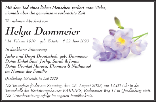 Traueranzeige von Helga Dammeier von Trauerkombi Quedlinburg