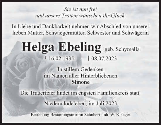 Traueranzeige von Helga Ebeling von Volksstimme Magdeburg