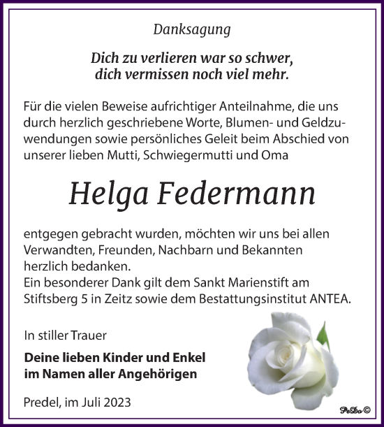 Traueranzeige von Helga Federmann von Trauerkombi Zeitz