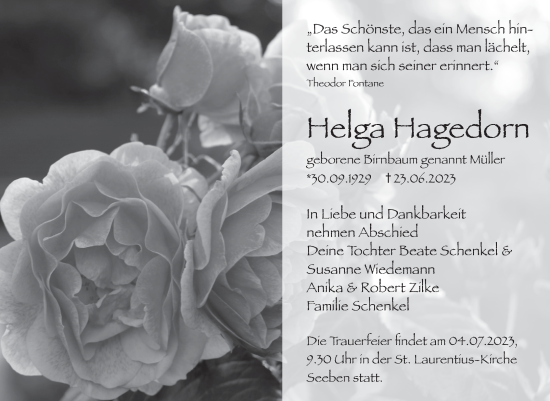 Traueranzeige von Helga Hagedorn von Mitteldeutsche Zeitung Halle/Saalkreis