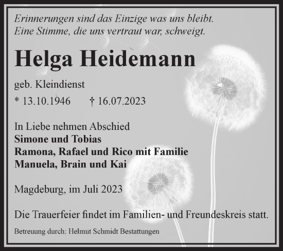 Traueranzeige von Helga Heidemann von Volksstimme Magdeburg