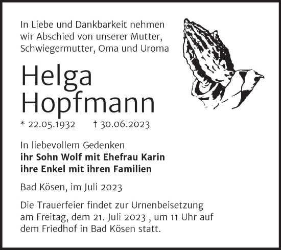 Traueranzeige von Helga Hopfmann von Wochenspiegel Naumburg/Nebra