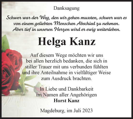 Traueranzeige von Helga Kanz von Volksstimme Magdeburg