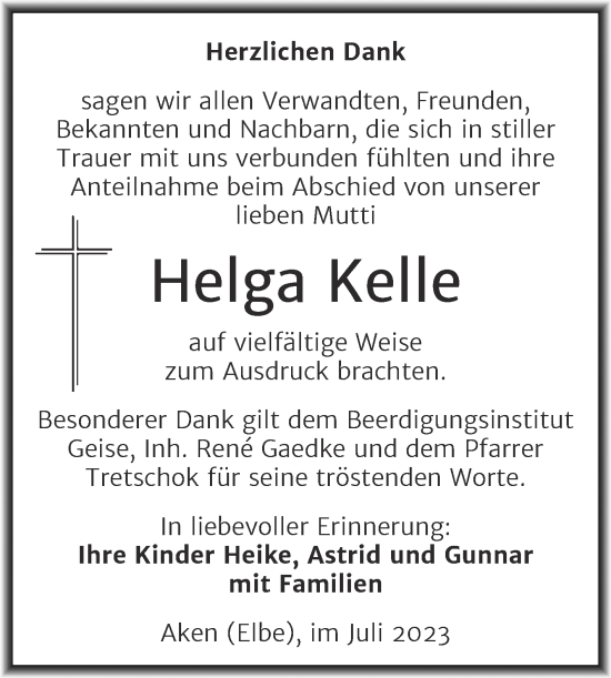 Traueranzeige von Helga Kelle von Trauerkombi Köthen