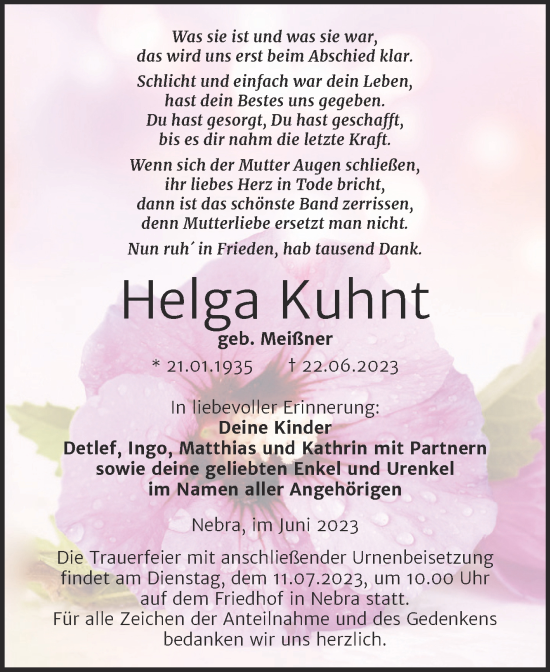 Traueranzeige von Helga Kuhnt von Wochenspiegel Naumburg/Nebra