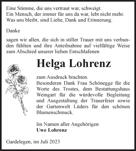 Traueranzeige von Helga Lohrenz von Volksstimme Altmark West