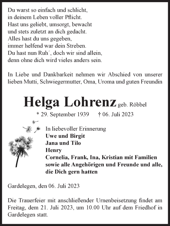 Traueranzeige von Helga Lohrenz von Volksstimme Altmark West