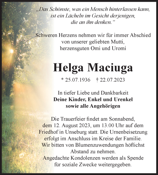 Traueranzeige von Helga Maciuga von Volksstimme Staßfurt