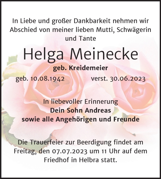 Traueranzeige von Helga Meinecke von Mitteldeutsche Zeitung Mansfelder Land