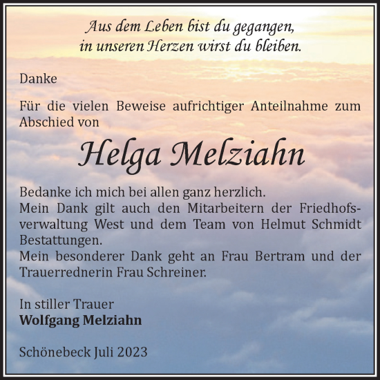 Traueranzeige von Helga Melziahn von Volksstimme Schönebeck