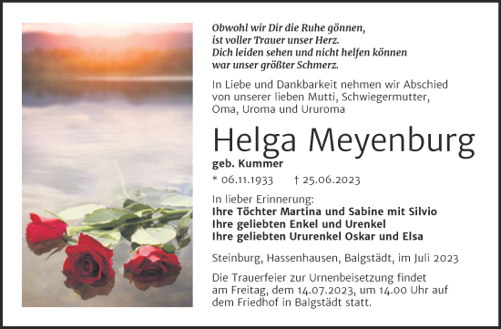 Traueranzeige von Helga Meyenburg von Wochenspiegel Naumburg/Nebra