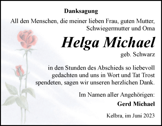 Traueranzeige von Helga Michael von Trauerkombi Sangerhausen
