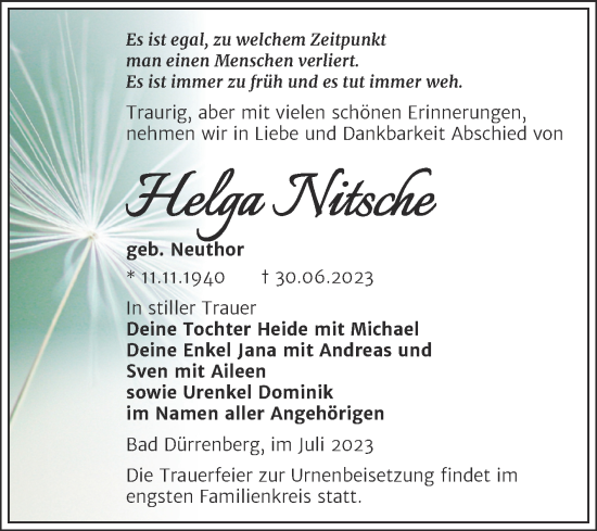 Traueranzeige von Helga Nitsche von Trauerkombi Merseburg