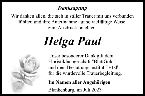 Traueranzeige von Helga Paul von Volksstimme Wernigerode